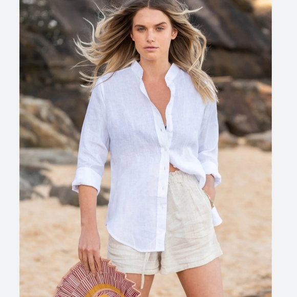 M Made In Italy Tops - Italian Made Mandarin Collar V Neck Linen Roll Tab Sleeve Top XL